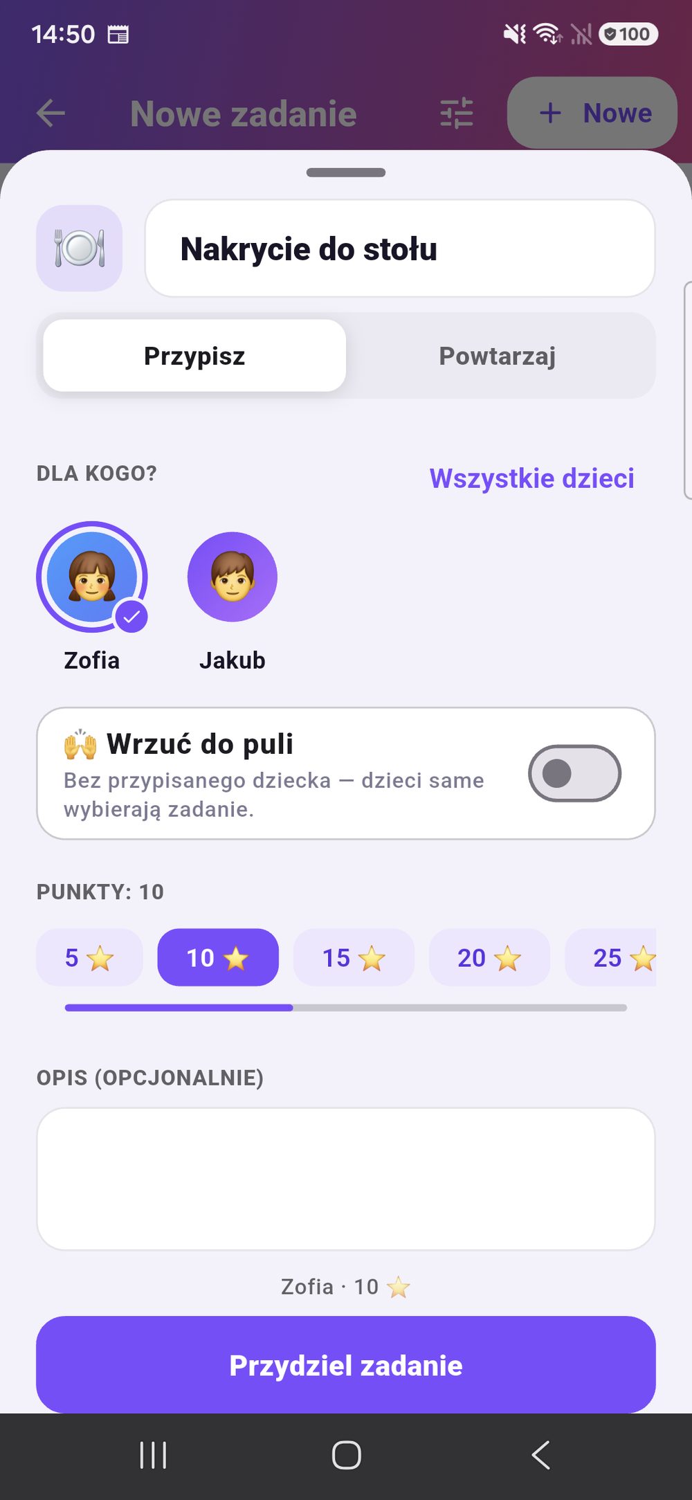 Zenz family: tworzenie nowego zadania — kategoria, wybór dzieci, punkty na suwaku, powtarzanie i opcjonalny termin.