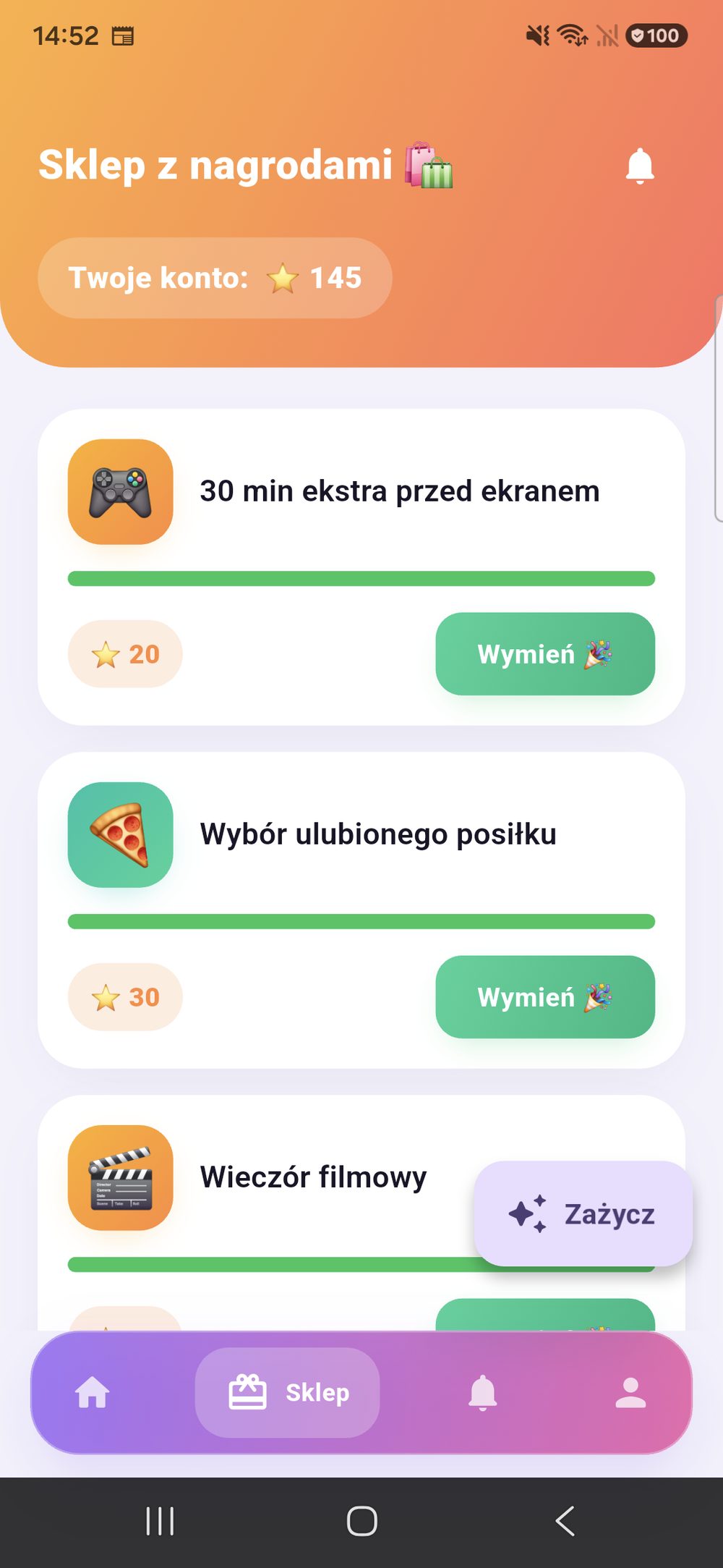 Zenz family: sklep z nagrodami od strony dziecka — własne saldo u góry, a poniżej każda nagroda z ceną w punktach i przyciskiem „Odbierz”.