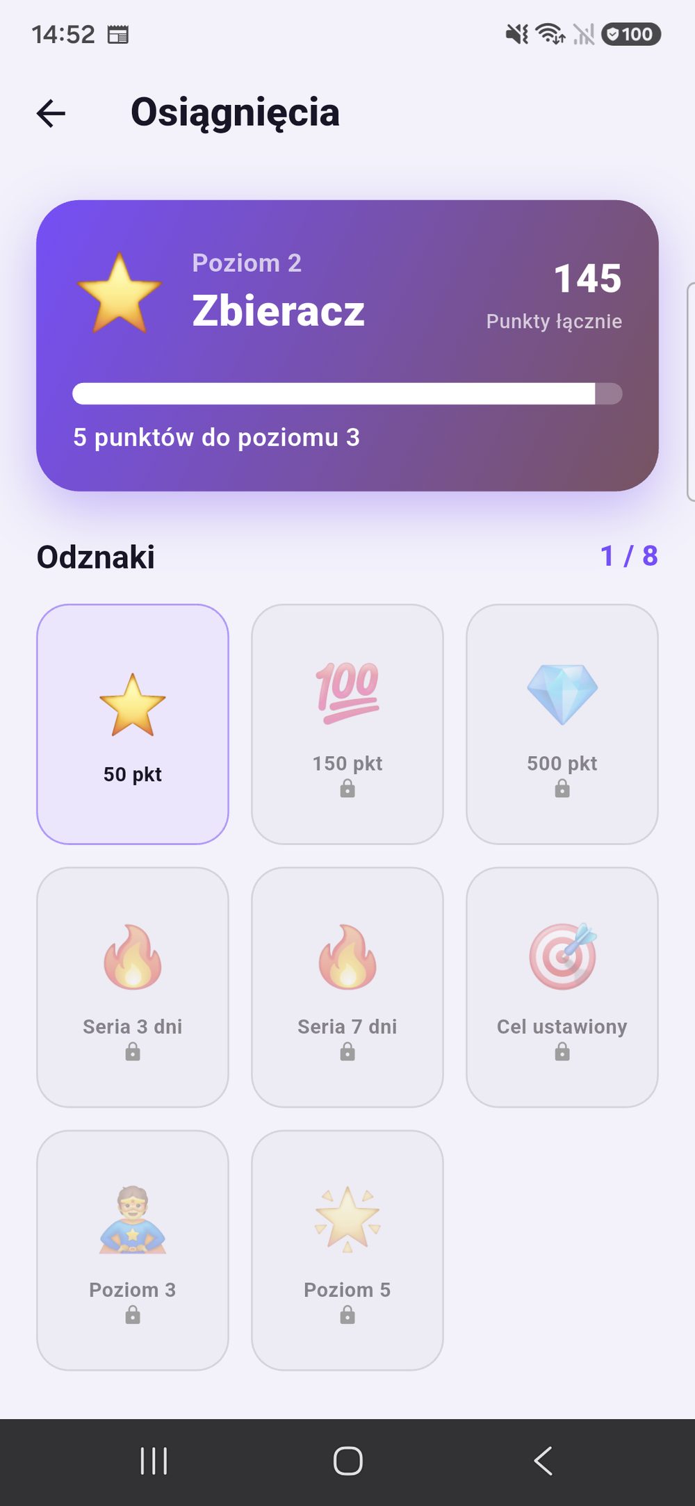 Zenz family: osiągnięcia dziecka — poziom z drogą do następnego i siatka ośmiu odznak, z których jedna jest odblokowana.