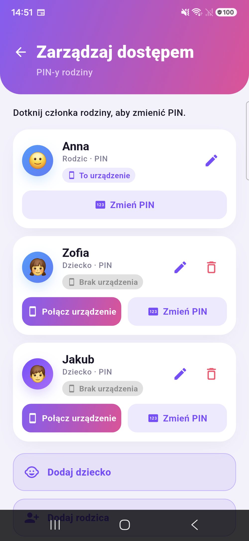Zenz family: zarządzanie dostępem — każdy członek rodziny z własnym PIN-em, do tego parowanie urządzenia i dodawanie kolejnych dzieci lub rodziców.